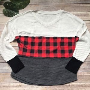 🦬Buffalo plaid color block thermal long sleeve tee